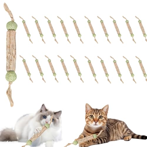 Katzensticks, Katzenminze Sticks, Matatabi Stick Katze, Katzenspielzeug, Katzen Kauhölzer Sticks Mit Katzenminze Balls, Für Katzen Zahnpflege, Natürlich Sicher Katzensticks Kausticks Set (20Stück) von GUAHKUN