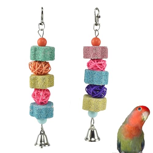 2 Pack Sittiche Papagei Kauspielzeug Vogelschnabel Schleifstein Lava Kalzium Blöcke Hängender Vogelkäfig Nagelschneider mit Glocke Rattan Kugeln für kleine Papageien Nymphensittiche Wellensittiche von GUANLANT