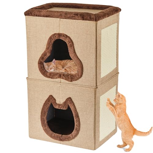 2-stöckiges Katzenhaus für Indoor-Katzenbett, überdachte Katzenbetten mit Versteckhöhle und Kratzpad, faltbares modernes Katzenhaus für mehrere kleine Haustiere, große Kätzchen, Kätzchen von GUATTINE