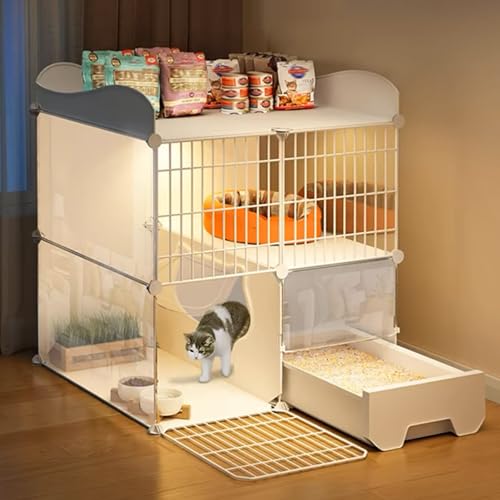 GUAWJRZDP 2-lagiges Katzenkäfig, Katzengehege, DIY-Katzenlaufstall, Mit Katzentoilette, Transparent, Viel Platz, Mit Zaun Oben, Stauraum, Weiß, Haustierkäfig(29.5x15.4x32.7in) von GUAWJRZDP