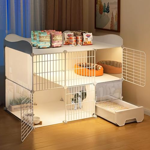 GUAWJRZDP 2-lagiges Katzenkäfig, Katzengehege, DIY-Katzenlaufstall, Mit Katzentoilette, Transparent, Viel Platz, Mit Zaun Oben, Stauraum, Weiß, Haustierkäfig(43.7x19.3x32.7in) von GUAWJRZDP