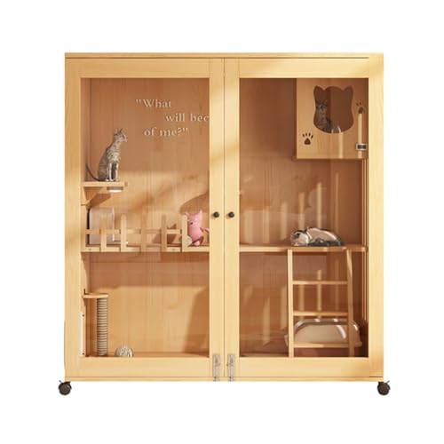 GUAWJRZDP 3-stöckiges Katzenkäfig, Katzengehege Aus Holz, Großer Katzenkäfig, Transparente Tür, Mit Licht, Mit Leiterzaun, Laufstall for Haustiere, Originalholzfarbe(47.2x23.6x47.2in) von GUAWJRZDP