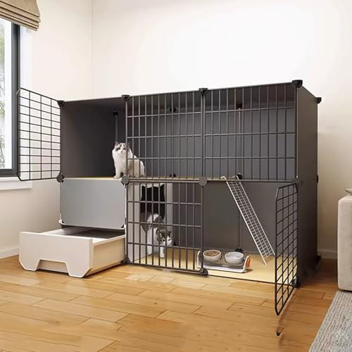 GUAWJRZDP Große Katzenkäfig, Katzengehege Innen, DIY Katzenkäfig, Katzenlaufstall Abnehmbar, Haustierlaufstall mit Katzentoilette, Schwarz, Einfach Zusammenzubauen(2-Tier) von GUAWJRZDP