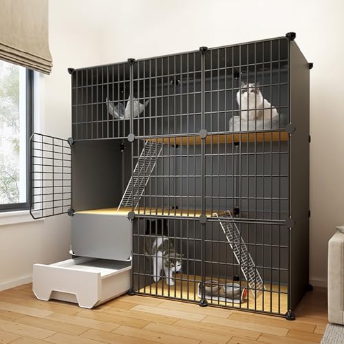 GUAWJRZDP Große Katzenkäfig, Katzengehege Innen, DIY Katzenkäfig, Katzenlaufstall Abnehmbar, Haustierlaufstall mit Katzentoilette, Schwarz, Einfach Zusammenzubauen(3-Tier) von GUAWJRZDP