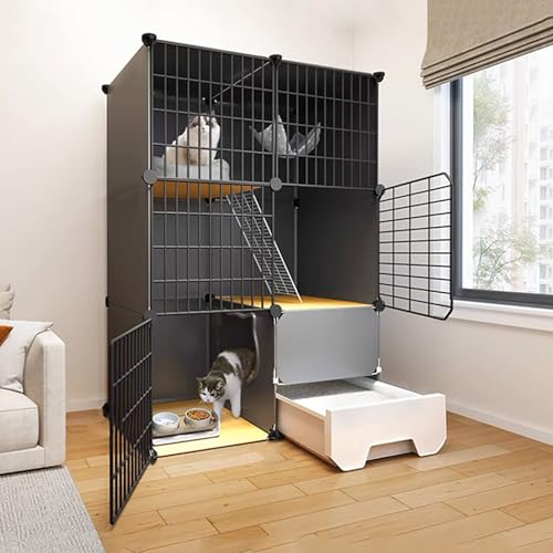 GUAWJRZDP Katzenkäfig, 2/3-stöckiges Katzengehege, DIY-Katzenlaufstall, Katzenkäfig for Den Innenbereich Mit Katzentoilette, Großes Katzenhaus, Abnehmbarer, Schwarz(29.5x19.2x42.9in) von GUAWJRZDP