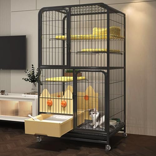 GUAWJRZDP Katzenkäfig Für Den Innenbereich, Katzengehege, Mehrschichtiges Katzenhaus, mit Katzentoilette Schublade, Höherer Schallwand, for Kleine Und Mittelgroße Haustiere(Color:Nero,Size:H:52.4in) von GUAWJRZDP