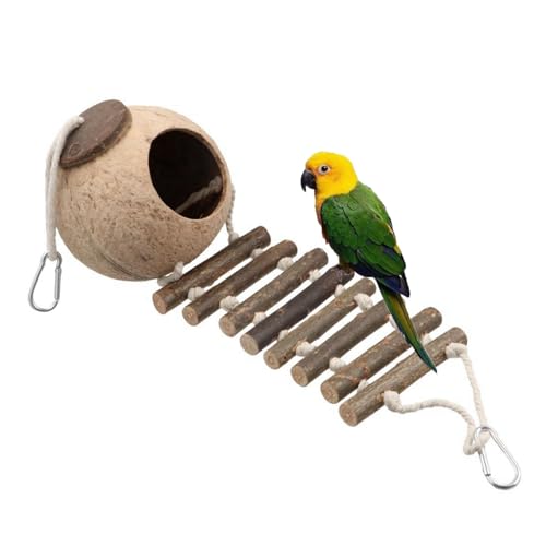 GUDEKIKL Vogelhaus aus Kokosnussschale zum Aufhängen, natürliches Kokosnuss-Vogelnest mit Leiter, Kokosnusshamsterhütte mit Schaukelspielzeug, Kokosnussschalen-Lebensraum für kleine Tiere, 1 Stück von GUEDKIKL