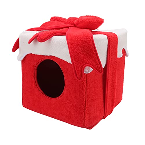 GULEEK Weihnachts-Katzenbett – festlicher Box-Stil, weiche Flusen, lebendige Farben, bequemes Katzenzelt für Haustiere, Urlaubs für Katzen (Rot) von GULEEK