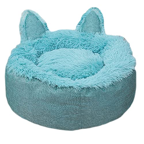 GUOCU Haustierbett für Katzen Und Hunde Rutschfester Unterseite Rundes Plüsch Flauschig Selbstwärmend Super Weich Hundebett,Schöne Katzenbett Abnehmbare Katzenohren-Form,Blau,55cm von GUOCU