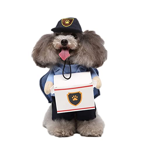 Haustier Hund Kostüme Lustiges Haustier Kostüm Stehend Outfit(3 Stücke Hut+Umhang+Kleidung Abnehmbar) Cosplay Party Anzug Lustig Hundekostüm für Kleine Hunde Oder Katzen,Blau,L von GUOCU