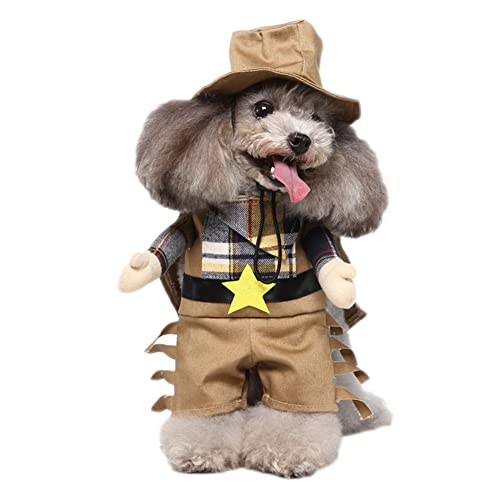 Haustier Hund Kostüme Lustiges Haustier Kostüm Stehend Outfit(3 Stücke Hut+Umhang+Kleidung Abnehmbar) Cosplay Party Anzug Lustig Hundekostüm für Kleine Hunde Oder Katzen,Cowboy,L von GUOCU