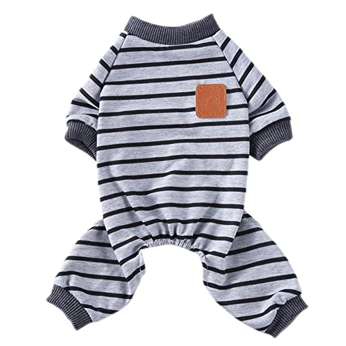 Hund Pyjama Welpe Jumpsuit Strick Pyjama Süßes Druckmuster Streifen Weiche Warm Komfortable Haustier Hund Langarm Shirt Herbst Winter Home Kostüm für Kleine Mittelgroße Hunde,Grau2,L von GUOCU