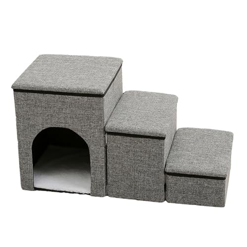 Hundetreppe 3 Stufen mit Höhle,Katzentreppe Faltbare Haustiertreppe mit Stauraum,Tiertreppe für Kleine Hunde Katzen,3-in-1 rutschfeste Haustierrampe für Sofa & Bett Blau von GUOCU