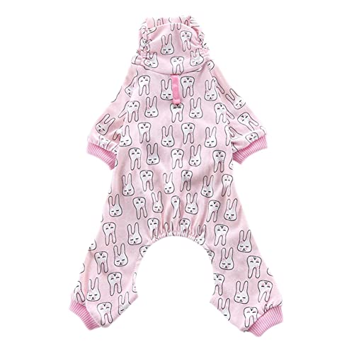 Kleiner Hunde Jumpsuit Dehnbar Weicher Bequeme Süßes Druckmuster 4 Beine Schlafanzug Herbst Winter Hunde Cartoon Pyjama Haustiere Bekleidung für Kleine Mittelgroße Hunde,Rosa,XL von GUOCU