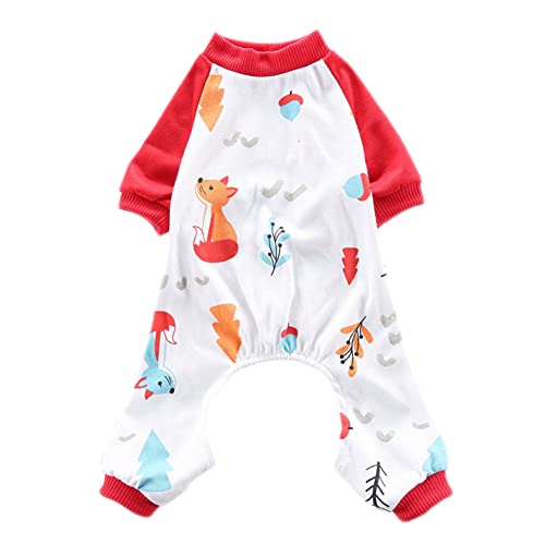 Kleiner Hunde Jumpsuit Dehnbar Weicher Bequeme Süßes Druckmuster 4 Beine Schlafanzug Herbst Winter Hunde Cartoon Pyjama Haustiere Bekleidung für Kleine Mittelgroße Hunde,Rot,S von GUOCU