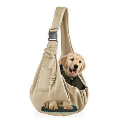 Outdoor Portable Pet Sling, Foldable Dog and Cat Carrying Bags with Thickened Shoulder Pad, Breathable Walking Pet Carriers with Mesh Tightening Mouth, Adjustable Shoulder Strap Pet Crossbody Bag(Khak von GUOXIAR