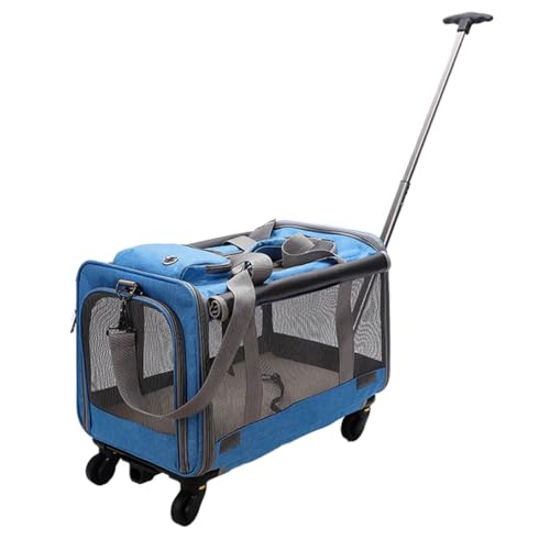 Portable Cat Dog Carrier with Wheels, Foldable Pet Trolley Case Bag with Telescope Handle and Shoulder Straps, Airline Approved Rolling Pet Travel Carriers, Large Capacity Breathable Dog Bag(Blue) von GUOXIAR