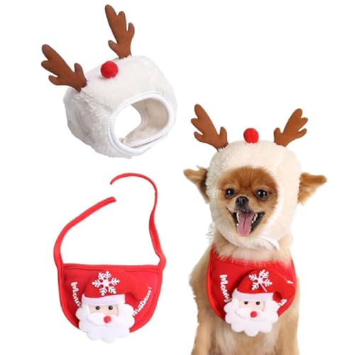 Adorable Christmas Tree Pom-Poms Hat, Weihnachtsmütze für Hunde, Haustier Weihnachtskostüm, Verstellbarer Weihnachtsbaummütze Elch Rentier Hut Halstuch, Perfekt für Kleiner Hund Kätzchen (Weiß, S) von GUSHE