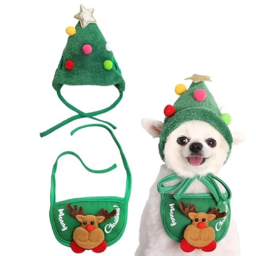 Adorable Christmas Tree Pom-Poms Hat, Weihnachtsmütze für Hunde, Haustier Weihnachtskostüm, Verstellbarer Weihnachtsbaummütze Elch Rentier Hut Halstuch, Perfekt für Kleiner Hund Kätzchen (Grün, S) von GUSHE