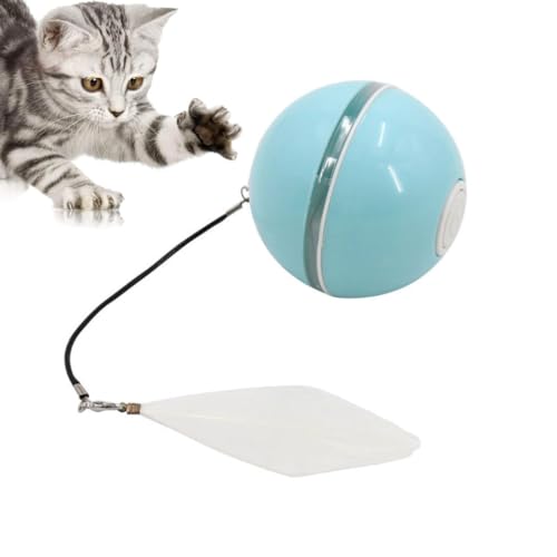 Automatisch geführter, intelligenter Katzenball, Katzenball mit LED-Licht, Interaktives Katzenspielzeug Ball, 360° Selbstdrehender Katzenspielzeug Elektrisch Katzenball mit Feather und Bell (Blau) von GUSHE