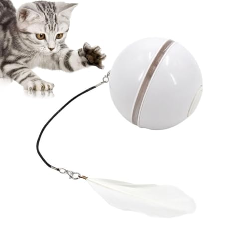 Automatisch geführter, intelligenter Katzenball, Katzenball mit LED-Licht, Interaktives Katzenspielzeug Ball, 360° Selbstdrehender Katzenspielzeug Elektrisch Katzenball mit Feather und Bell (Weiß) von GUSHE