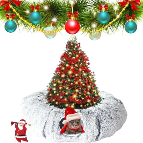 Cat Christmas Tree Skirt Tunnel, Christmas Cat Tunnel, Katzentunnel Weihnachtsbaumrock, Katzentunnelbett mit zentraler weicher Matte und hängendem Ball, Plüsch Katzentunnel für Indoor Katzen (Grau) von GUSHE