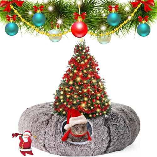 Cat Christmas Tree Skirt Tunnel, Christmas Cat Tunnel, Katzentunnel Weihnachtsbaumrock, Katzentunnelbett mit zentraler weicher Matte und hängendem Ball, Plüsch Katzentunnel für Indoor Katzen (Kaffee) von GUSHE