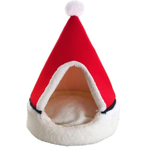 Christmas Cat Dog Bed, Katzenbett-Weihnachtsmütze, Weihnachten Katzenzelthaus, Weihnachten Katzenbett Abnehmbar Mit Reissverschluss, Weihnachtshöhlenbetten für Haustiere, Katzen und Hunde (Rot, L) von GUSHE