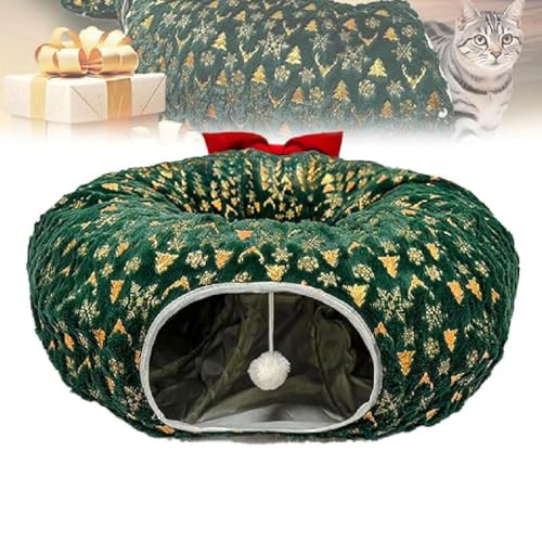 Christmas Tree Cat Tunnel, Weihnachtsbaum Katzentunnel Katzenbett, Multifunktionales Katzenspielzeug Katzentunnelbett mit Hängenden Ball, Plüsch Katzentunnel mit Katzenbett für Indoor Katzen (Grün) von GUSHE