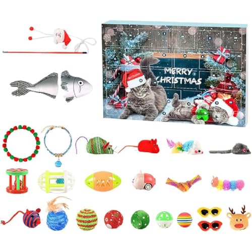 GUSHE 2024 Christmas Countdown Cat Toys Advent Calendar, Katzenspielzeug Adventskalender 2024, 24Pcs Weihnacht Interaktives Kätzchenspielzeug mit Katze Federstab, Fisch, Mäuse, Bälle und Glocken von GUSHE