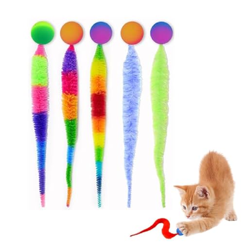 GUSHE 5 Stück Tapered Jiggle Ball for Cat, Hüpfball mit Schwanz Katzenspielzeug, Katze Wurm Spielzeug Ball, Fuzzy Wurm Spielzeug, Interaktives Bunt Wurm Spielzeug für Katze, Zufällige Farbe von GUSHE