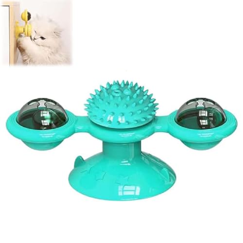 Interactive Windmill Cat Toys with Catnip, Interaktives Windmühle Katzenspielzeug mit Catnip, Katzenspielzeug mit Saugnapf und LED-Leuchtkugel, Windmühlen-Katzenspielzeug für Innen Katzen (Blau) von GUSHE