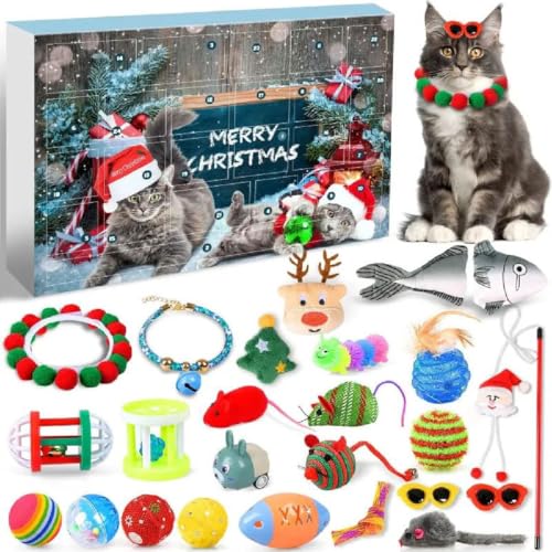 Weihnachtskalender für Katzen, Adventskalender für Katzenspielzeug, Advent Calendar 2024 Cat Toys, 24Pcs Weihnacht Interaktives Kätzchenspielzeug mit Katze Federstab, Fisch, Mäuse, Bälle und Glocken von GUSHE