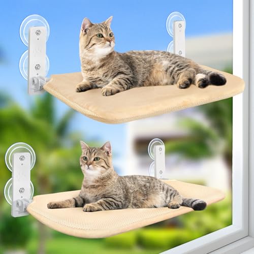 GUUSII HOME 2PCS Katzen Fensterliege Hängematte Fenster Katzenbett Fensterbank Katzenliege Faltbare Fensterplätze Kabelloses Katzenhängebett mit Starken Saugnäpfen 52 * 30cm Hält 25kg (Beige,M) von GUUSII HOME