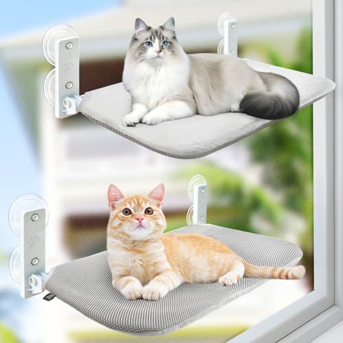 GUUSII HOME 2PCS Katzen Fensterliege Hängematte Fenster Katzenbett Fensterbank Katzenliege Faltbare Fensterplätze Kabelloses Katzenhängebett mit Starken Saugnäpfen 52 * 30cm Hält 25kg (Grau,M) von GUUSII HOME