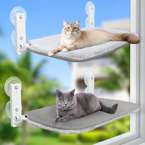 GUUSII HOME 2PCS Katzen Fensterliege Hängematte Fenster Katzenbett Fensterbank Katzenliege Faltbare Fensterplätze Kabelloses Katzenhängebett mit Starken Saugnäpfen 52 * 30cm Hält 25kg (Hellgrau,M) von GUUSII HOME