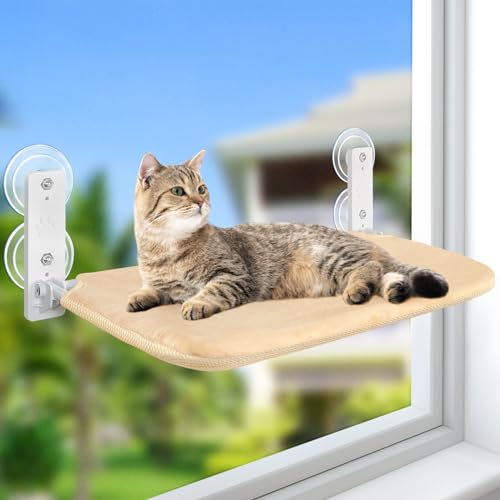 GUUSII HOME Fensterliege für Katzen Hängematte Fensterplätze Katzenbett Fenster Faltbare Katzenhängematte Fensterhängematte Katzenliege Katzenhängebett mit Starken Saugnäpfen(Beige,L) von GUUSII HOME