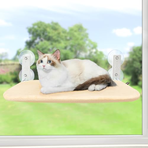 GUUSII HOME Fensterliege für Katzen Hängematte Fensterplätze Katzenbett Fenster Faltbare Katzenhängematte Fensterhängematte Katzenliege Katzenhängebett mit Starken Saugnäpfen(Beige,S) von GUUSII HOME