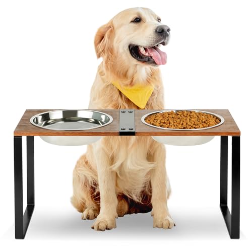 GUUSII HOME Hundenapf Erhöht Futternapf Grosse Hunde Mittlere Erhöhter Fressnapf Hund Groß Edelstahl Napfset 1500ml Futterstation Ständer Holz 57.5 * 24 * 29cm für Mittelgroße Haustiere (Braun, L) von GUUSII HOME