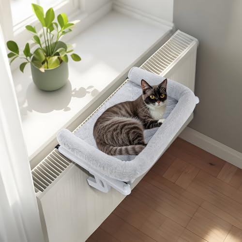 GUUSII HOME Heizungsliege Katzen Katzenliege Balkon Katzenbett für Bettkante Heizung Hängen Liegeplatz Einhängen Bett Hängematte Heizkörper Katze Heizungsliegekatzen 55 * 38cm Halten 18kg(Grau,S) von GUUSII HOME