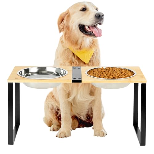 GUUSII HOME Hundenapf Erhöht Futternapf Grosse Hunde Mittlere Erhöhter Fressnapf Hund Groß Edelstahl Napfset 1500ml Futterstation Ständer Holz 57.5*24*29cm für Mittelgroße Haustiere (Holzfarbe, L) von GUUSII HOME