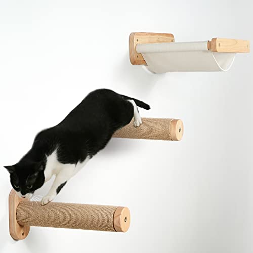 GUUSII HOME Kletterwand Katzen Set Wandpark mit 2-er Treppen Katzenhängematte Wand für Große Katzen Wandelement und 2 Sisal Kratzbaum Hölzern Katzenbett Katzenliege Wandliege Katzen Wand Hängematte von GUUSII HOME