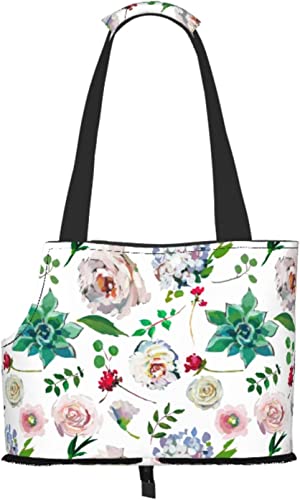 Weiße Rose Sukkulenten Aquarell weich einseitig Reise-Haustier-Tragetasche Handtasche Tragbare kleine Haustier-Tragetasche Umhängetasche von GUVAA