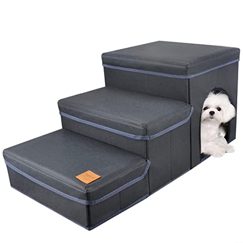 GUWINA Hundetreppe 3 Stufen, Haustiertreppe Faltbar für Sofa & Bett, Abnehmbar Tiertreppe Klappbar mit Aufbewahrungsbox, Multifunktionale Haustierleiter für Kleine Hunde Katzen (Blau) von GUWINA