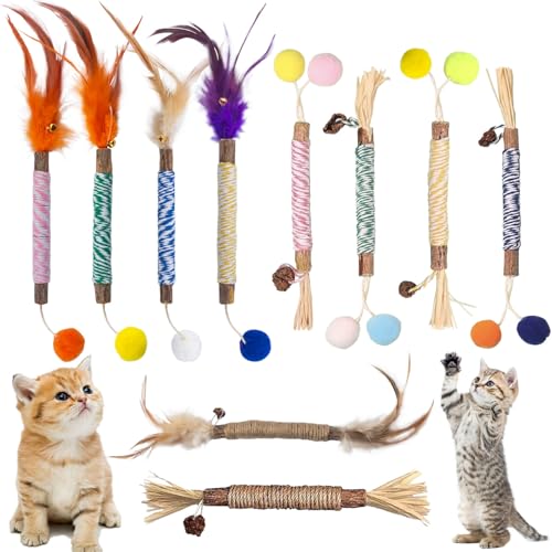 GWAWG Silvervine Kaustäbchen für Katzen, natürliche Zahnpflege-Spielzeug mit Federn, Kätzchen-Zahnspielzeug, Indoor-Katzenminze, Kaustäbchen zum Stressabbau, Verbesserung der Verdauung, saubere Zähne von GWAWG