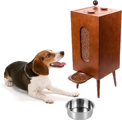 Erhöhter Futterspender aus Holz, kann 10 kg Hundefutter aufbewahren, mit Edelstahlnapf, Haustier-Esstisch, bequeme Futterstation von GWWBD