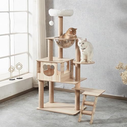 Katzenbaum, moderner Katzenturm mit Katzenhütte, Holz-Klo mit großem transparentem Raumkapsel-Oberteil, Sitzstange für große/dicke Katzen, 139,7 cm von GWWBD