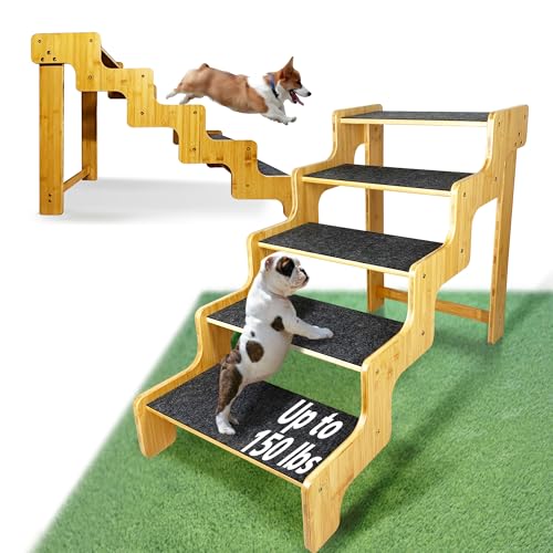 Hundetreppe für Bett, 5-stufige Hundetreppe, 61 cm hohe Hundetreppe für ältere Haustiere, um auf 76,2 cm hohe Betten/Auto zu steigen, aus Bambus, kann große Hunde mit einem Gewicht von bis zu 72,6 kg von GXONE