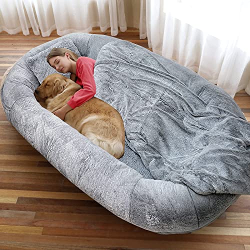 Sitzsack,Hundebett,Katzenbett, 175x100x30cm Memory Foam Bean Bag Hundebett für Menschen Hundebett Grosse Hunde Flauschig Hundekissen Hundekörbchen Waschbar Hundesofa mit Decke und Kissen (175cm) von GXSDYYDS