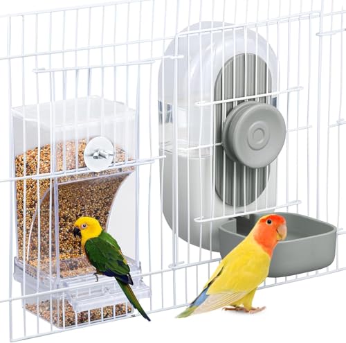 No Mess Vogelfutterstation & Wasserspender Set – Automatische Fütterung & Hydratation, Sittichkäfig Zubehör für Papageien, Nymphensittiche, Finken, Lovebirds & Wellensittiche (Grau) von GYJZZW